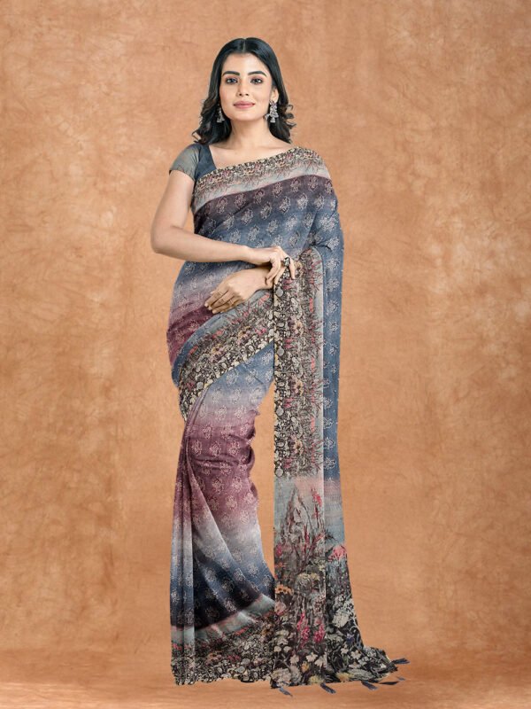 Women Blue Semi Chanderi Cotton Printed Saree MP07