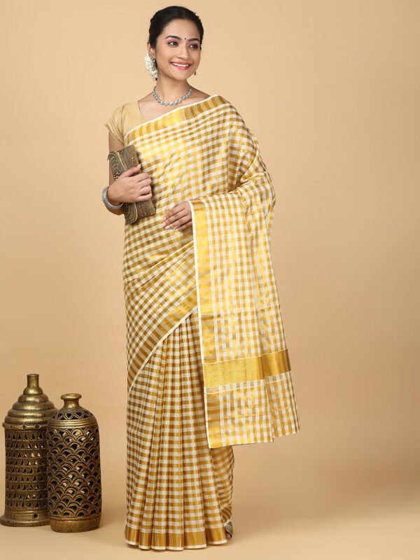 Women Kerala Cream Checked Saree with Gold Jari Border KS141
