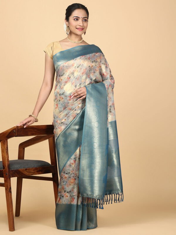 Women Semi Chanderi Cotton Printed Saree Blue SC34