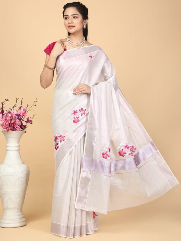 Women Kerala Tissue RoseGold Printed Saree KS158