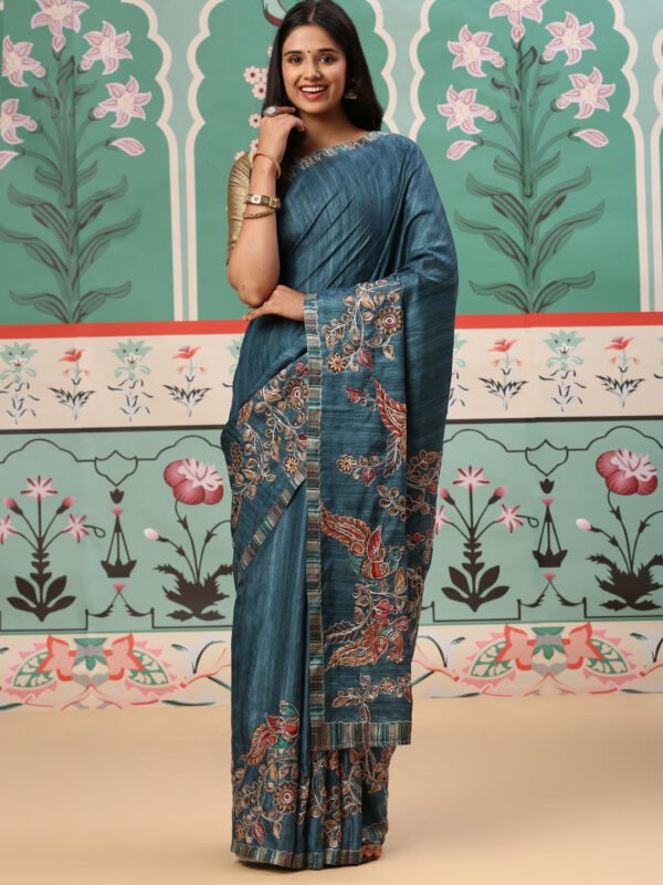 Women Semi Tussar Embroidery Saree Blue ST127