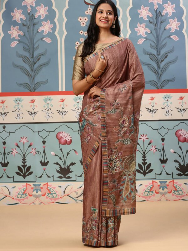 Women Semi Tussar Embroidery Saree Brown ST128